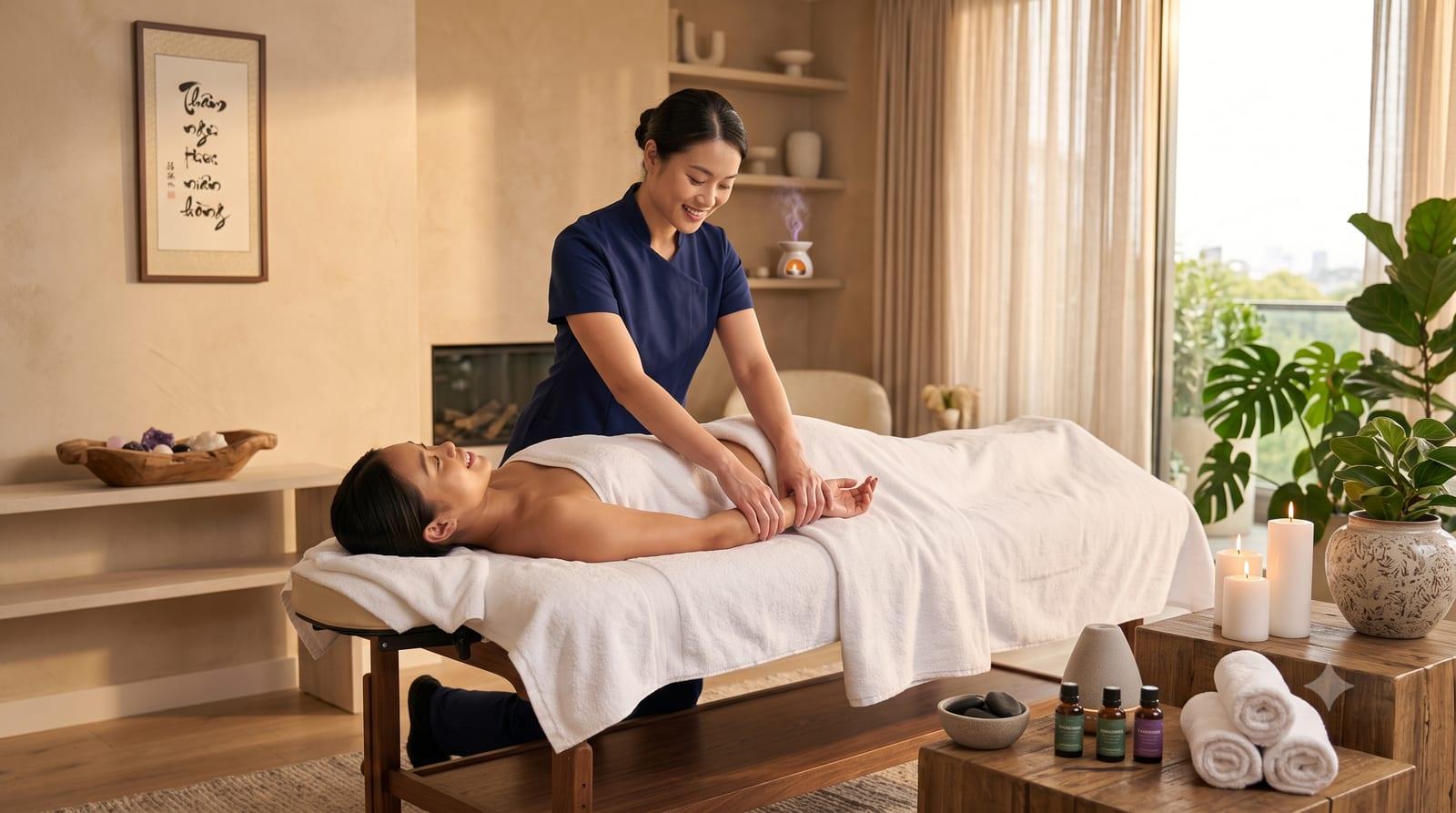 Kỹ thuật viên đã qua đối chiếu chứng chỉ đang massage tay cho khách tại nhà