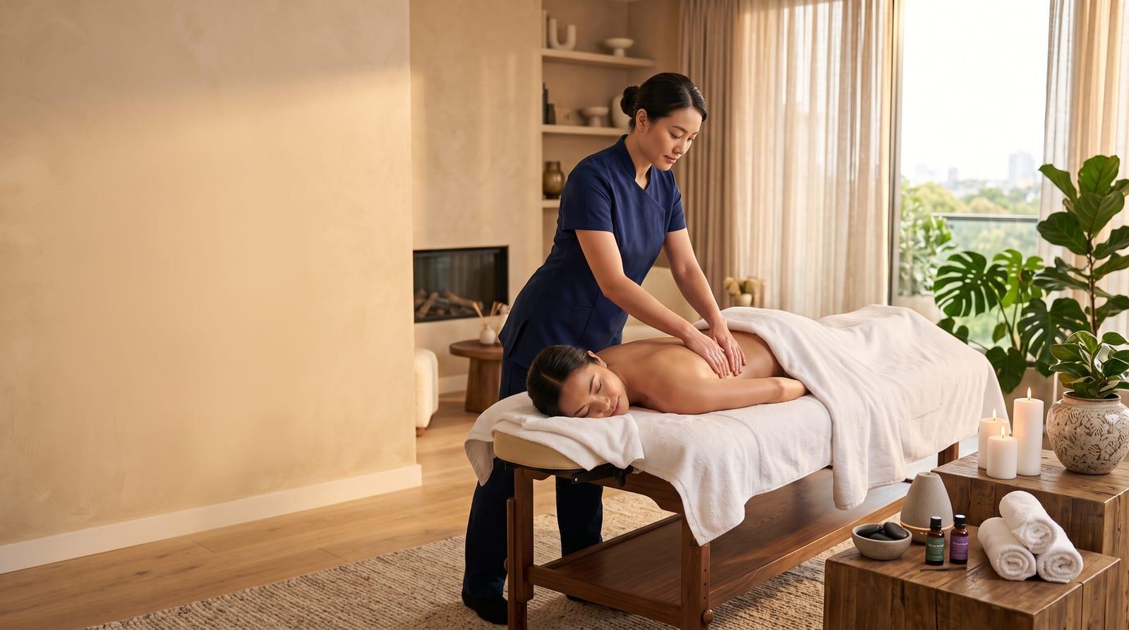 Kỹ thuật viên mặc đồng phục đang massage trị liệu vùng lưng cho khách trên giường massage tại nhà